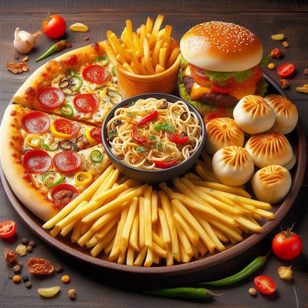 Assorted fast food including pizza, burger, pasta, dumplings and fries arranged on a round wooden platter