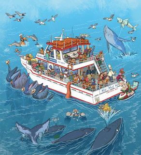 Cartoon whale watching boat with passengers surrounded by whales, birds and sea creatures in the ocean