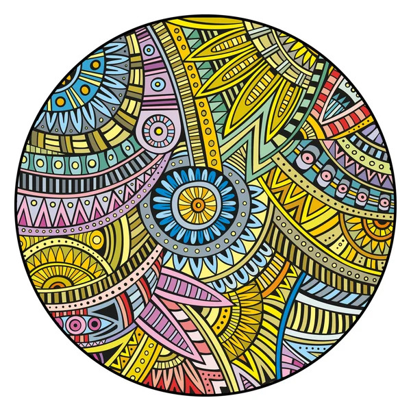 Colorful circular mandala with intricate ethnic patterns and geometric designs in multiple vibrant colors
