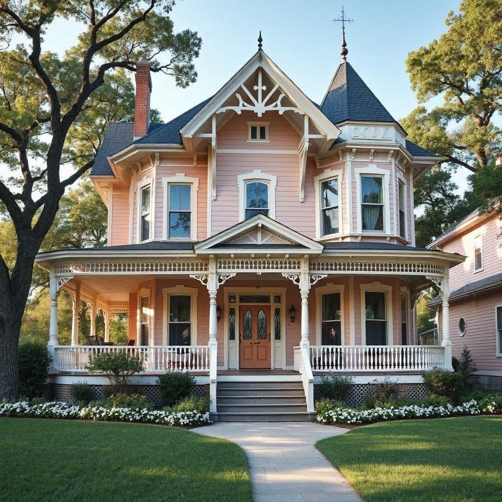 Pink Victorian house with white trim, wrap-around porch, turret, and landscaped front yard