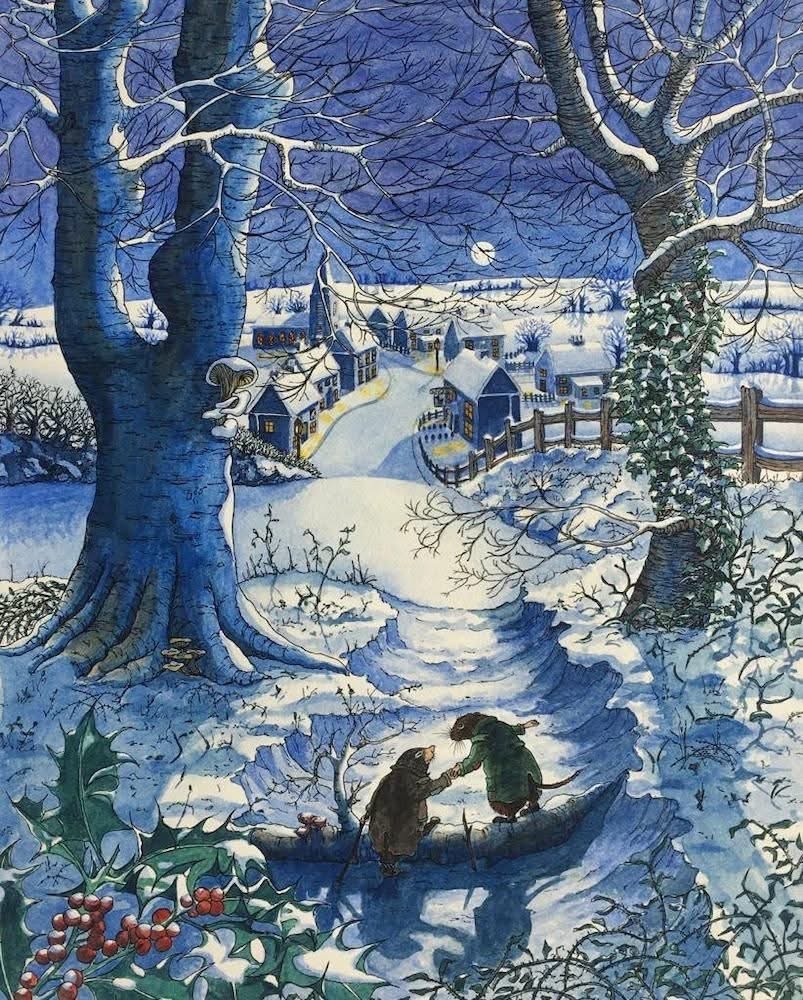 Naive art painting of two animals on a snowy path with a winter village, bare trees, and moonlit blue sky.