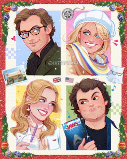 Cartoon illustration of four movie characters in a Christmas-themed frame with ornaments and greenery