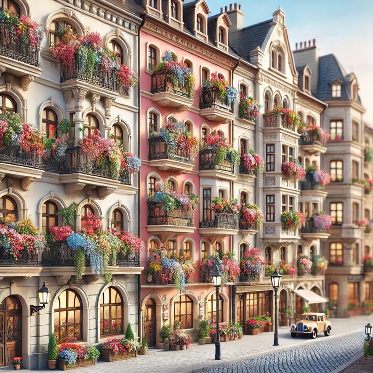 European Street with Flower Balconies
