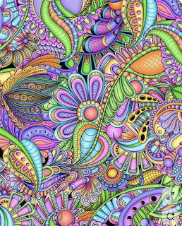 Colorful intricate paisley and floral doodle pattern with vibrant purple, green, blue, and orange hues