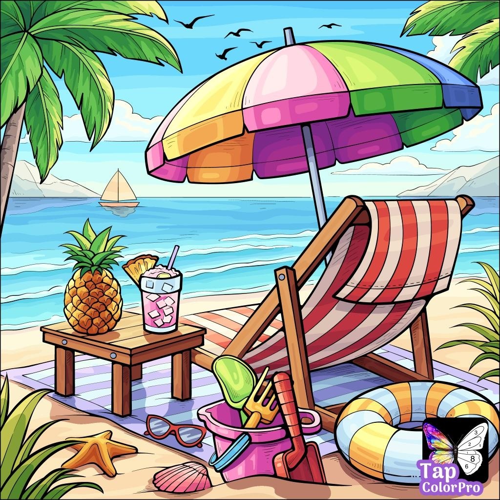 Colorful cartoon beach with umbrella, striped chair, pineapple drink, float ring, and ocean