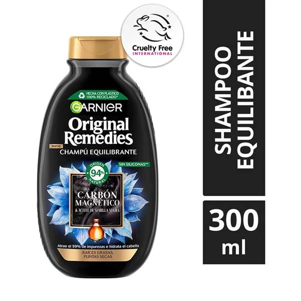 Black Garnier Original Remedies shampoo bottle with gold cap and 300 ml text on white background