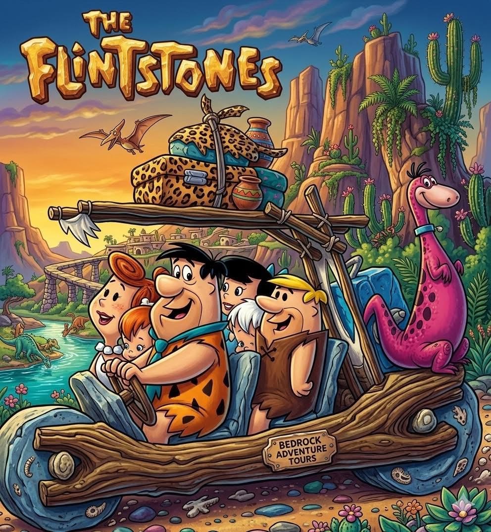 The Flintstones characters riding in their foot-powered stone car through a colorful prehistoric setting