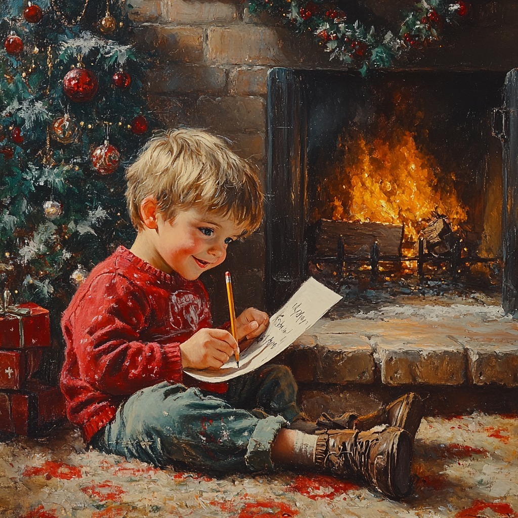 Young boy in red sweater reading book by fireplace with Christmas tree