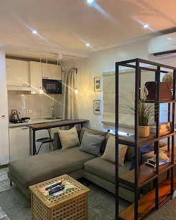 Modern studio apartment interior with gray sofa, open shelves, and kitchenette area with warm lighting