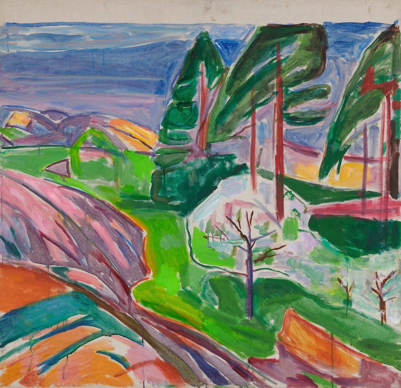 Colorful expressionist painting of landscape with green trees, purple slopes, and blue sky with coastline