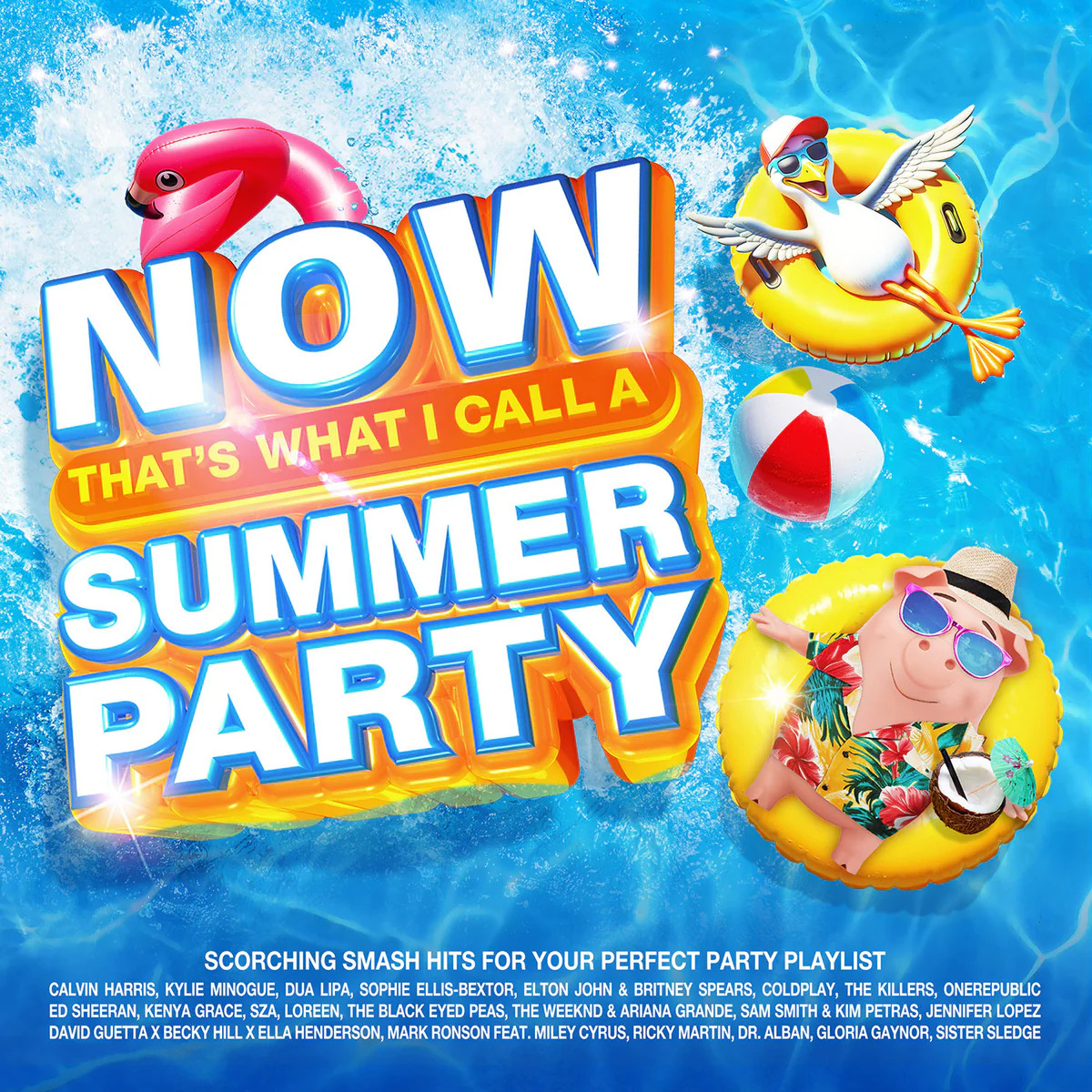 Colorful summer party graphic with bold text, blue water, inflatable rings, and a beach ball