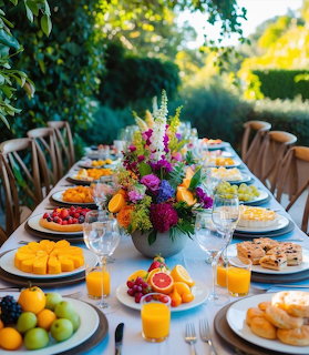 Outdoor brunch table with fresh fruits, glasses of orange juice, pastries, and a colorful flower centerpiece