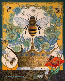 Illustration of a large bee with blue flowers, small bees, and ornate gold decorative details