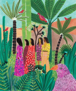 Illustration of four women in bright dresses standing in a lush tropical garden with palm trees