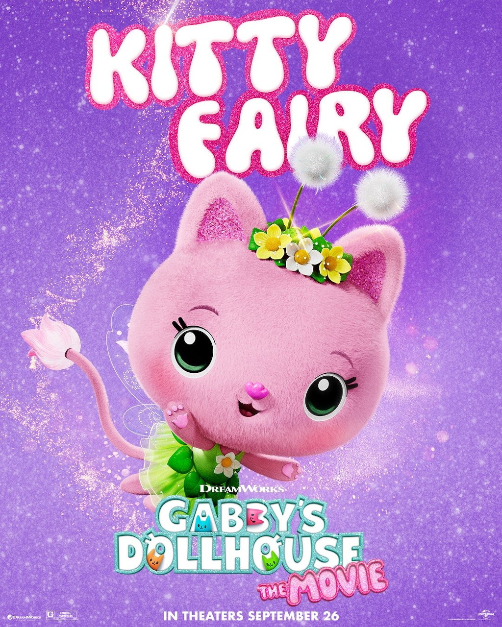 Kitty Fairy character from Gabby's Dollhouse The Movie, a pink cartoon cat with flowers on a purple background
