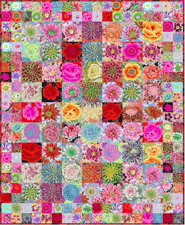 Patchwork quilt with colorful floral fabric squares in various patterns