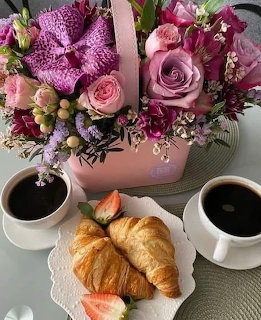 Coffee and Croissants with Flowers