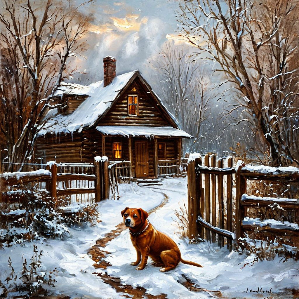 Brown dog sitting on snowy path in front of log cabin with winter trees and fence