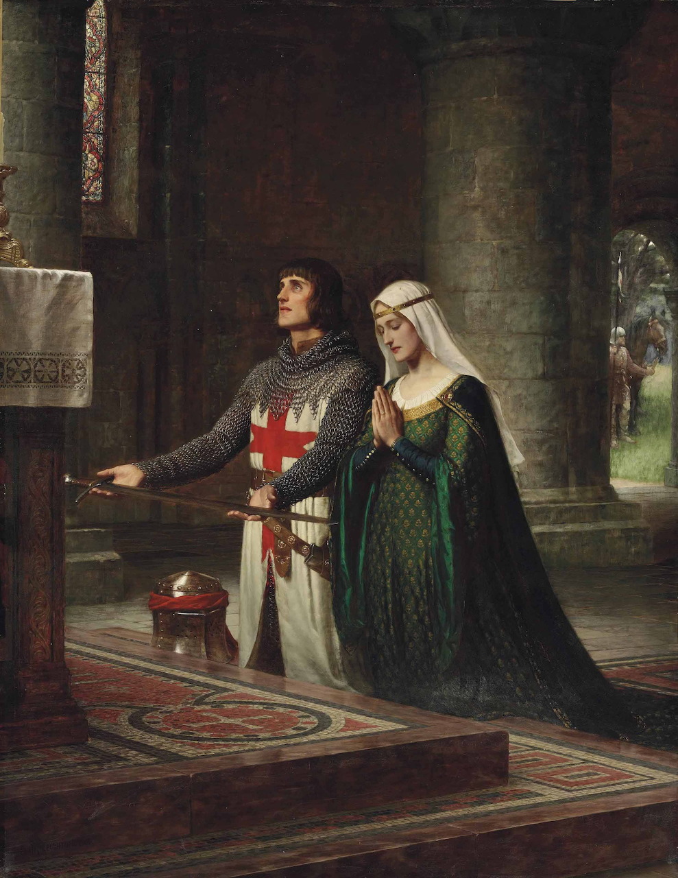 Oil painting of a medieval knight in a ceremonial dedication scene