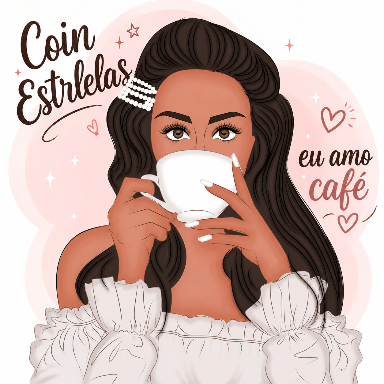 Illustration of woman with dark hair holding white coffee cup against pink background with Portuguese text