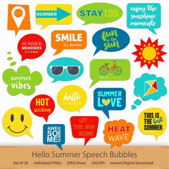 Colorful summer-themed speech bubbles and icons with sunglasses, bicycle, kite, sun, and cheerful phrases
