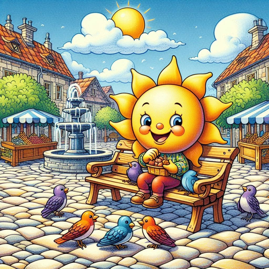 Cartoon sun character on a bench feeding colorful birds in a village square