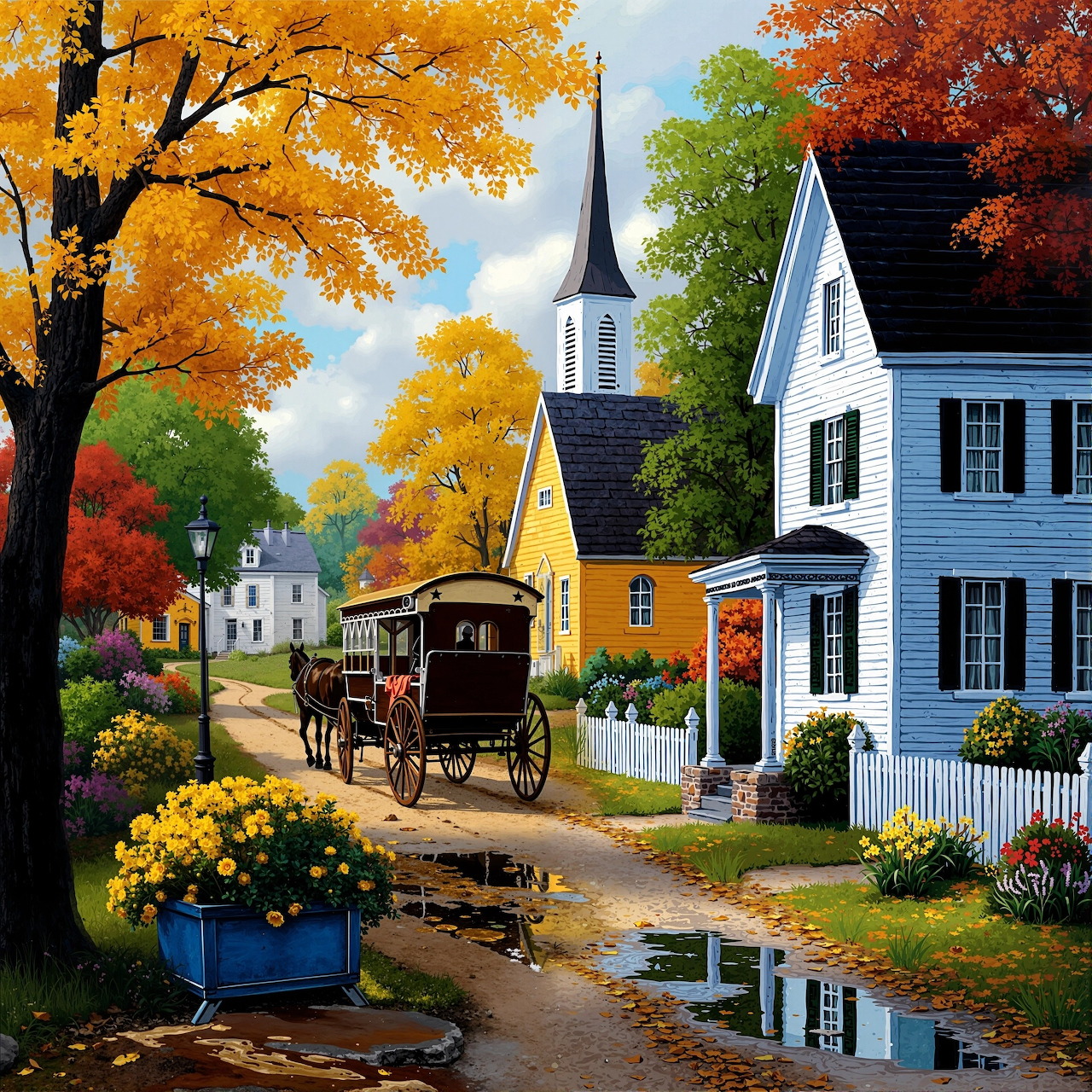 Horse-drawn carriage passing white houses and church with steeple under colorful autumn trees and puddle reflections