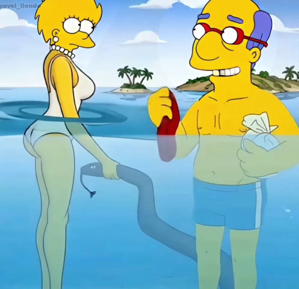 Two Simpsons characters in swimwear standing in ocean water with tropical islands behind them