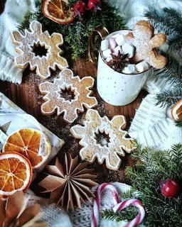 Snowflake gingerbread cookies, hot cocoa with marshmallows, candy canes, and Christmas greenery on wooden table