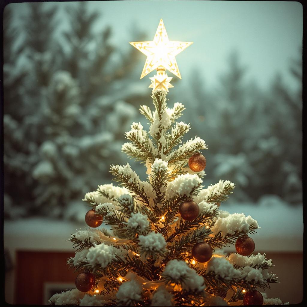 Snow-covered Christmas tree with illuminated star on top and golden lights in winter setting