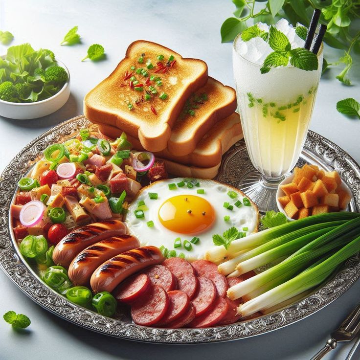 Anime illustration of breakfast plate with egg, sausages, toast, salad, and beverage