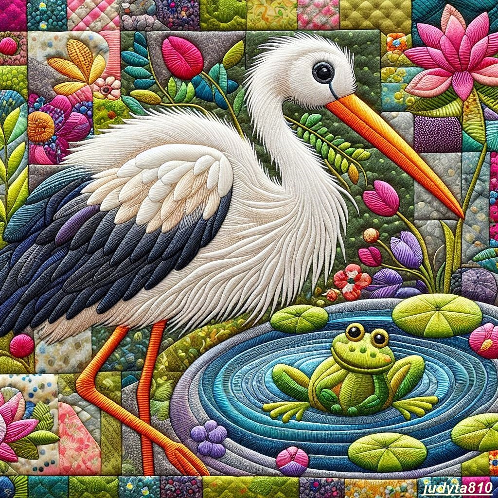 Quilted patchwork art with heron, frog, flowers and geometric fabric patterns