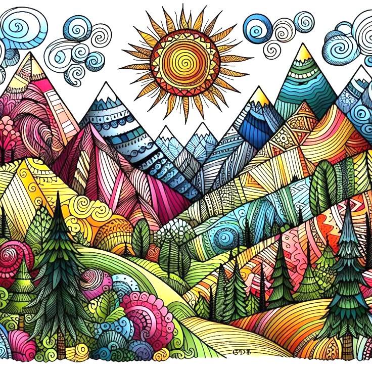 Colorful illustrated mountains with patterned hills, sun, clouds, and trees