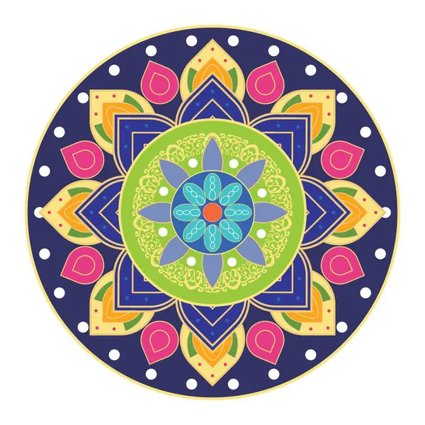 Circular mandala with geometric patterns in blue, green, yellow, and pink on dark blue background with white dots