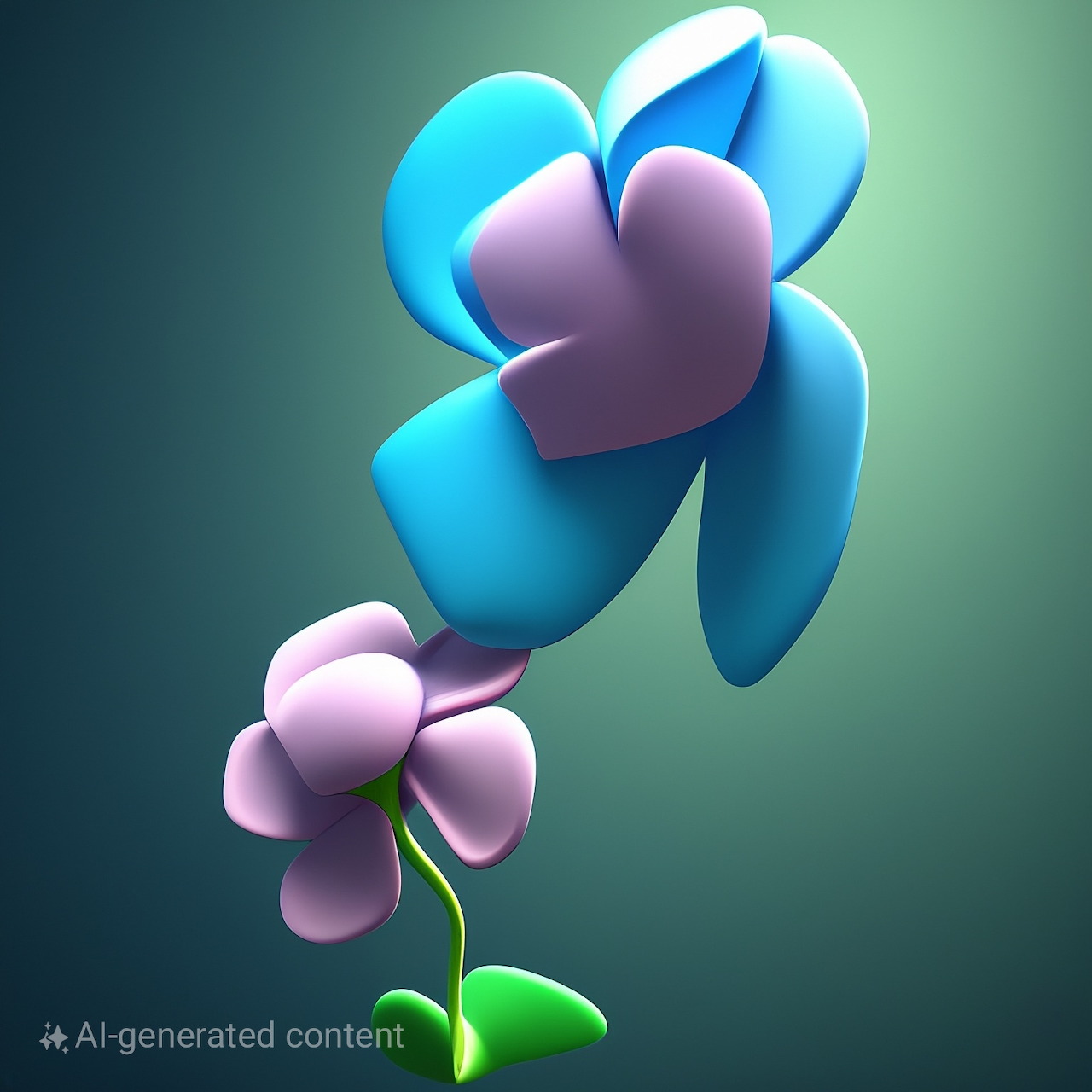 Stylized blue and purple 3D flower with a small pink blossom on a dark teal background