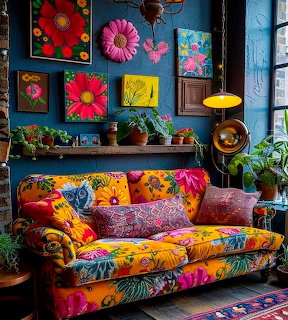 Colorful living room with floral-patterned sofa and bright flower art on blue walls