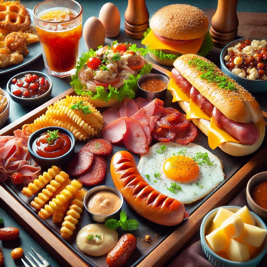 Large breakfast platter with burgers, eggs, bacon, corn, hot dogs, and various breakfast foods arranged on wooden board