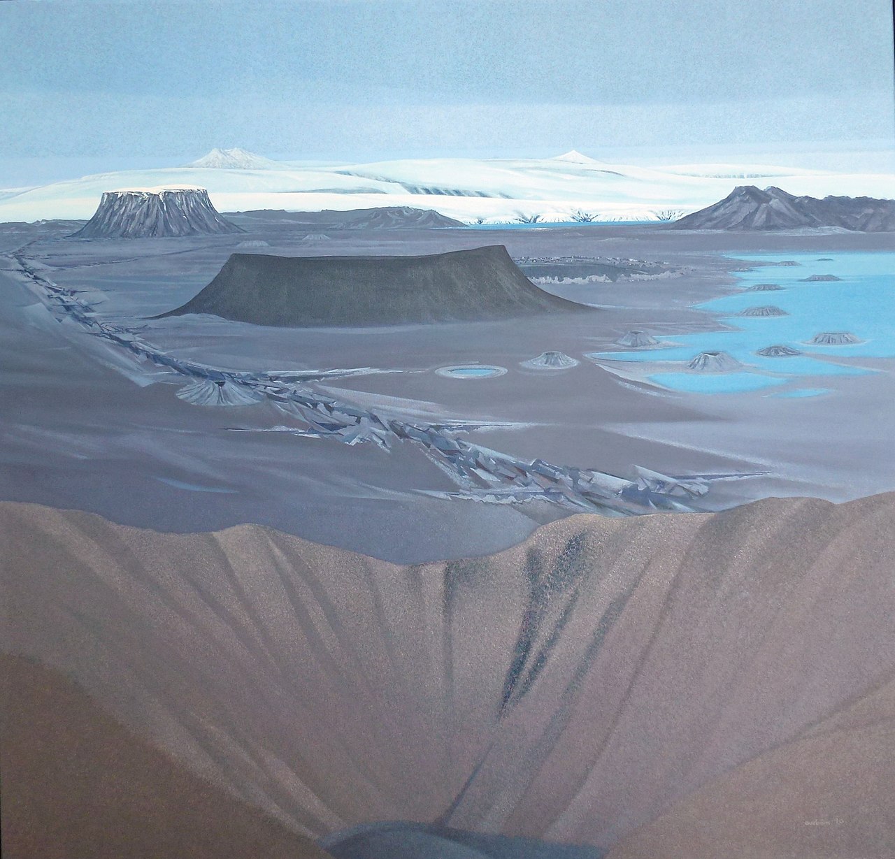 Painting of a stark volcanic island with blue water, dark plateaus, and distant snowy mountains