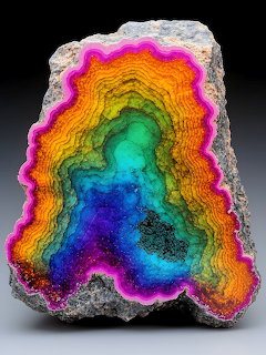 Cross-section of rainbow agate crystal showing colorful concentric bands from purple through spectrum to pink on gray rock