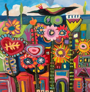 Vibrant naive art painting with black bird, colorful flowers, and geometric buildings in folk art style