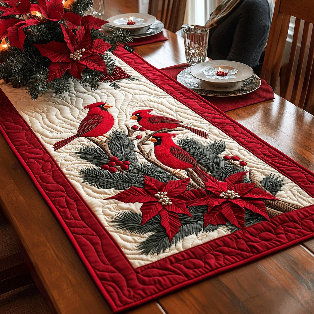 Christmas dining table with cardinal table runner and holiday decorations