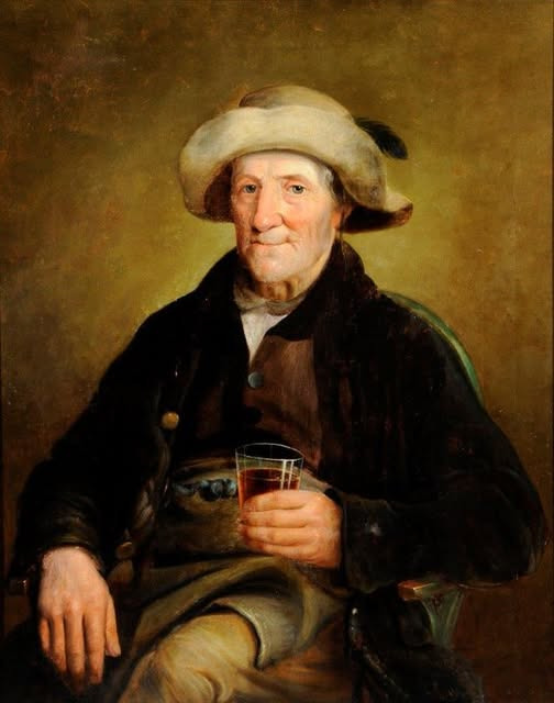 Oil portrait of an elderly seated man in a white hat holding a glass