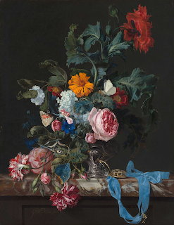 Baroque still life painting of colorful flowers in glass vase with pocket watch and blue ribbon on dark background