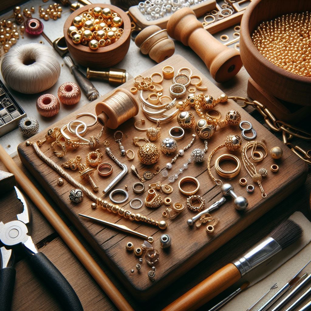 Jewelry making tools, beads, rings, and metal parts on a wooden workbench