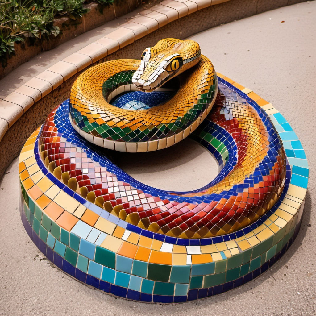 Colorful mosaic serpent sculpture coiled on a circular tiled base outdoors