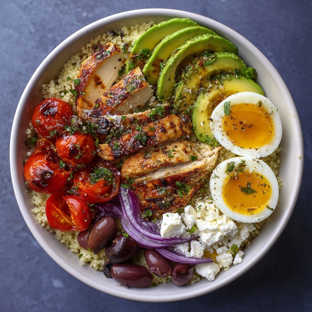 Overhead view of quinoa bowl with sliced chicken, eggs, avocado, tomatoes, olives, and feta cheese
