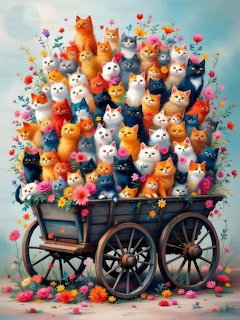 Whimsical illustration of many colorful cats overflowing from a wooden wagon with flowers scattered around