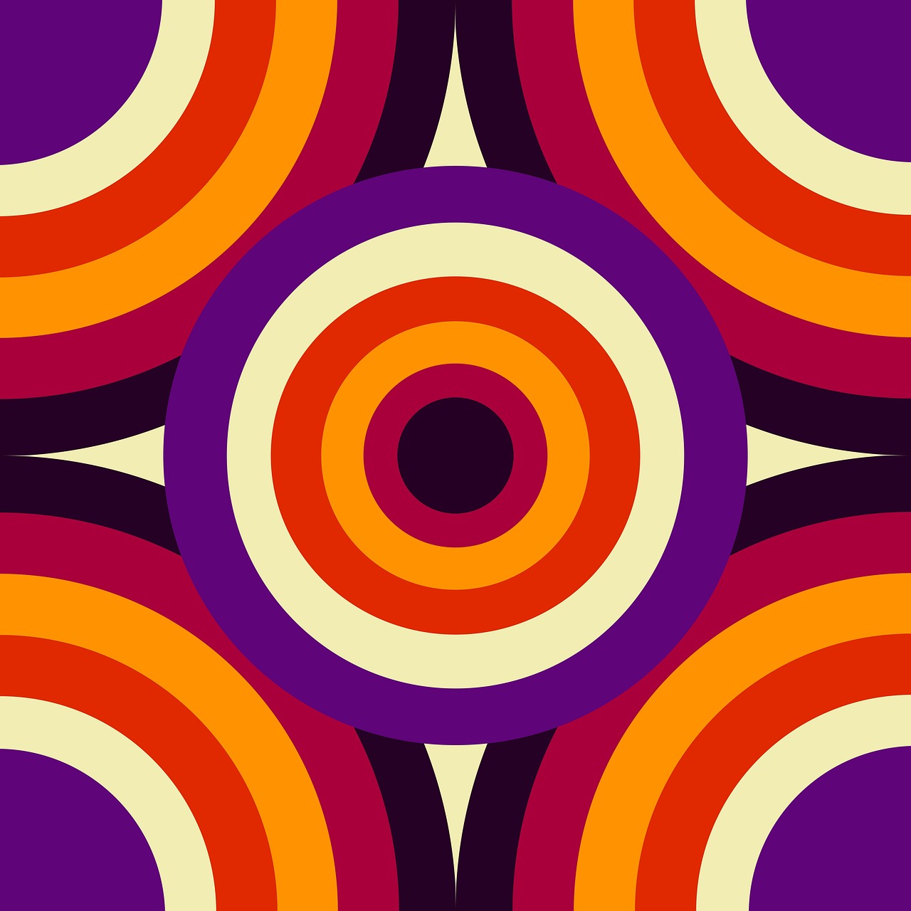 Abstract retro pattern of concentric circles in purple, orange, red, cream, and black