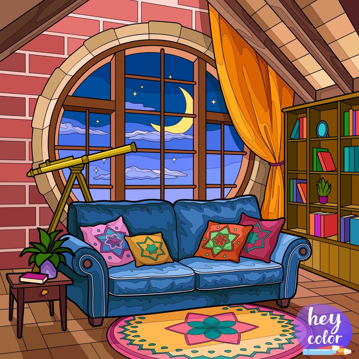 Cartoon cozy attic room with blue sofa, round window showing night sky with crescent moon, telescope and bookshelf