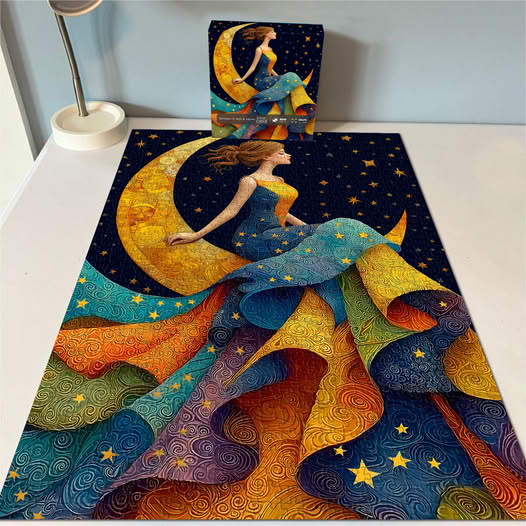 Colorful artwork of a woman in a flowing dress sitting on a crescent moon under stars